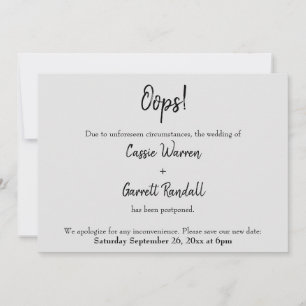 Grey "Oops!" Postponed Wedding Announcement