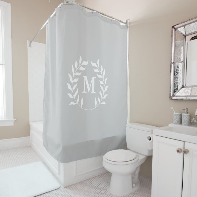 Grey or Any Colour Laurel Garland Wreath Monogram Shower Curtain (In Situ)
