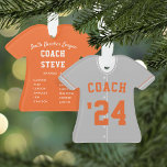 Grey & Orange Baseball Coach Team Jersey Ornament<br><div class="desc">Commemorate an awesome season for your kids' baseball coach with this cool custom ornament in a grey and orange colorway. Personalise the front with the year,  with "Coach" above,  and add more details to the back,  including coach name,  team or league name,  season,  and the team roster.</div>