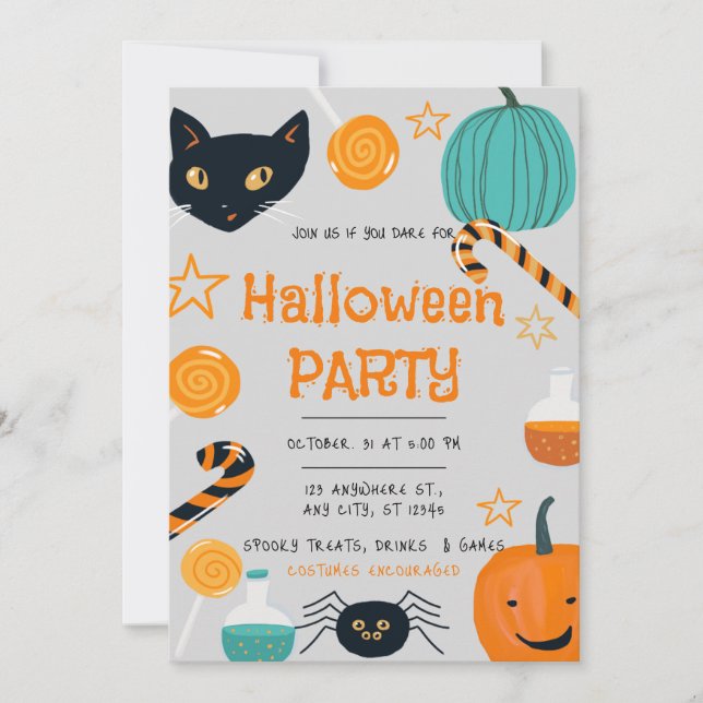 Grey Orange Funny Halloween Party Invitation (Front)