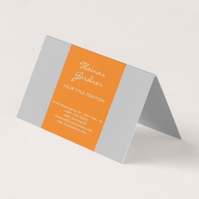 Grey Orange Handwriting Plain Creative Modern Business Card (Front)