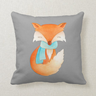 Grey orange red fox cub art cushion pillow