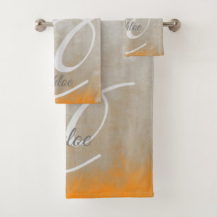 Grey orange rustic Abstract monogram Bath Towel Set