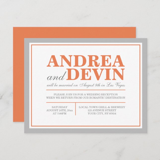 Grey & Orange Wedding Reception ONLY Invitations (Front/Back)