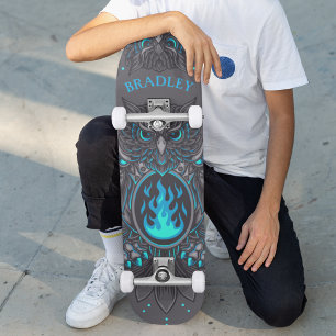 Grey Owl Cool Modern Custom Personalised Name Skateboard