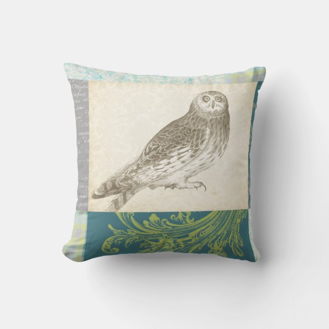 Grey Owl on Pattern Background Cushion (Front)