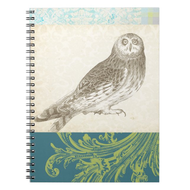 Grey Owl on Pattern Background Notebook (Front)