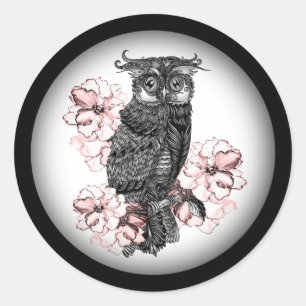 Grey Owl Pink Orchids Classic Round Sticker