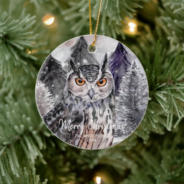 Grey Owl Watercolor in Forest Christmas Ornament (Tree)