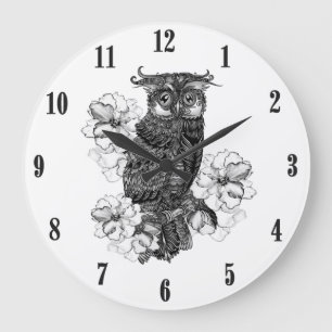 Grey Owl White Orchids Black Numbers Large Clock