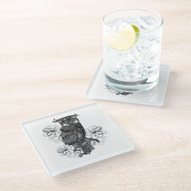 Grey Owl White Orchids Glass Coaster (Angled)