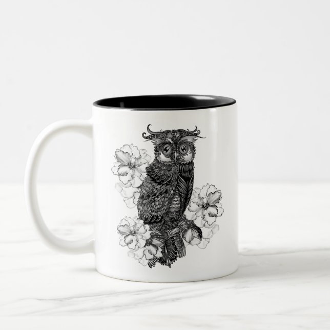 Grey Owl White Orchids Two-Tone Coffee Mug (Left)