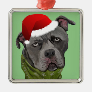 Grey Paint Pit Bull Santa Hat Metal Tree Decoration