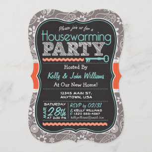 Grey Paisley; Chalkboard Housewarming Party Invitation