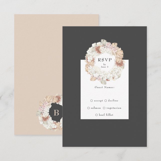 Grey Pampas Charcoal Wreath Boho Monogram Wedding RSVP Card (Front/Back)