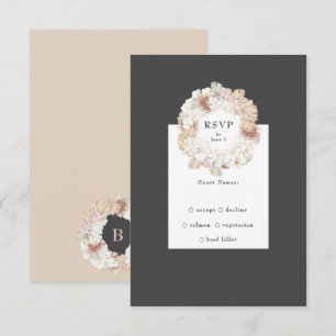 Grey Pampas Charcoal Wreath Boho Monogram Wedding RSVP Card