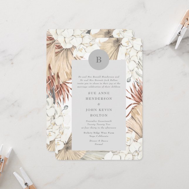 Grey Pampas Grass Wreath Border Ultimate Invitation (Front/Back In Situ)
