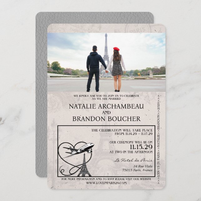 Grey Paris Passport Wedding Invitation (Front/Back)
