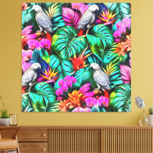 Grey Parrot Jungle Dreams Seamless Surface Pattern Canvas Print
