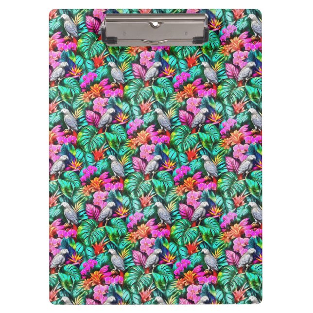Grey Parrot Jungle Dreams Seamless Surface Pattern Clipboard (Front)