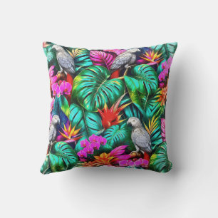 Grey Parrot Jungle Dreams Seamless Surface Pattern Cushion