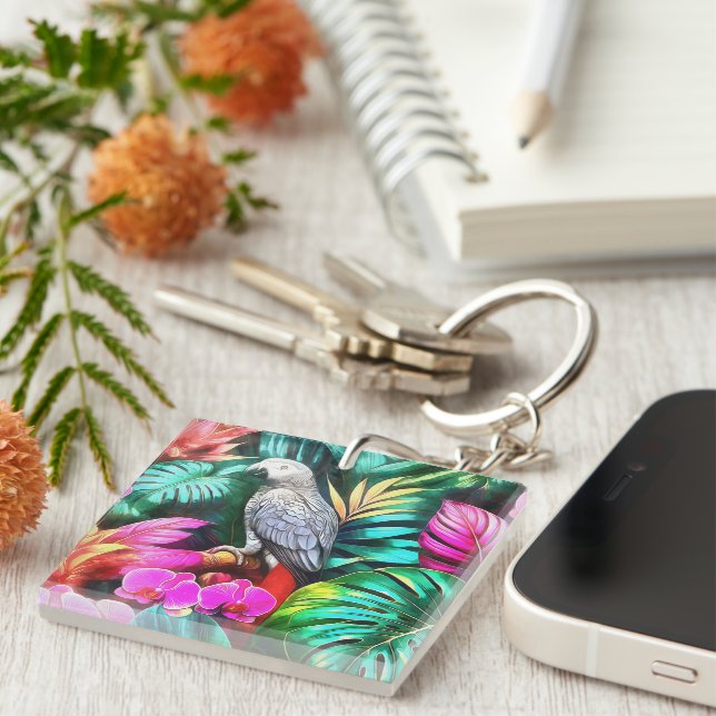 Grey Parrot Jungle Dreams Seamless Surface Pattern Key Ring (Front Right)