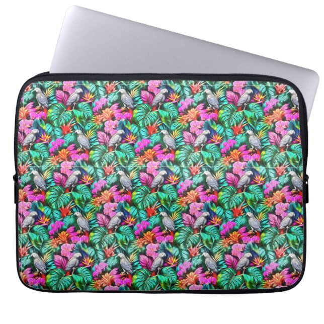 Grey Parrot Jungle Dreams Seamless Surface Pattern Laptop Sleeve (Front)