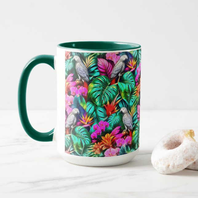 Grey Parrot Jungle Dreams Seamless Surface Pattern Mug (With Donut)
