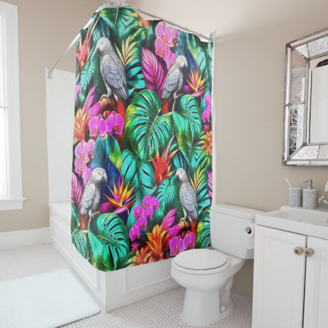Grey Parrot Jungle Dreams Seamless Surface Pattern Shower Curtain (In Situ)