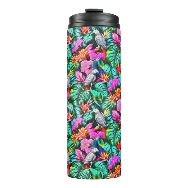 Grey Parrot Jungle Dreams Seamless Surface Pattern Thermal Tumbler (Front)