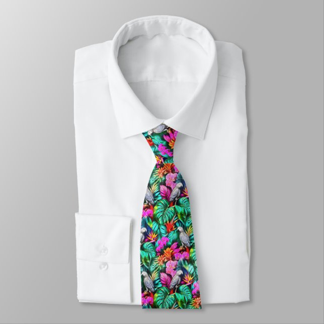 Grey Parrot Jungle Dreams Seamless Surface Pattern Tie (Tied)