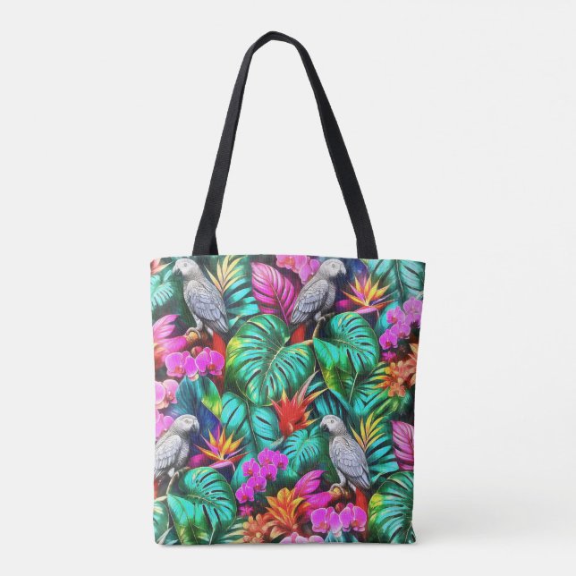Grey Parrot Jungle Dreams Seamless Surface Pattern Tote Bag (Back)
