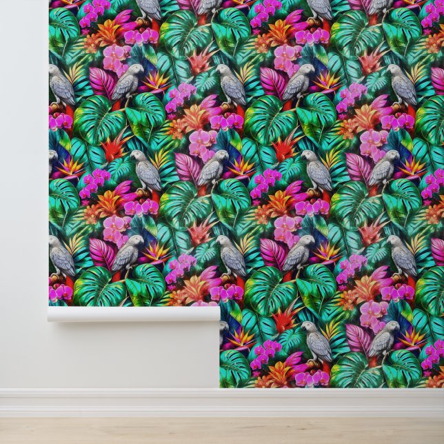 Grey Parrot Jungle Dreams Seamless Surface Pattern Wallpaper (Application)