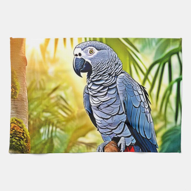Grey Parrot Perch Tea Towel (Horizontal)