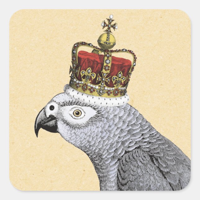 Grey Parrot with Royal Crown Square Sticker (Front)