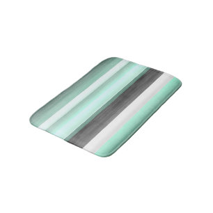 Grey Pastel Mint Green Watercolor Stripes Pattern Bath Mat