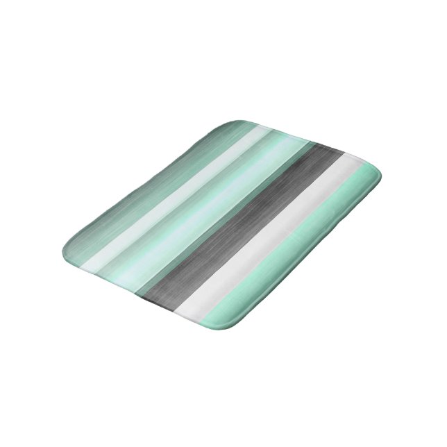 Grey Pastel Mint Green Watercolor Stripes Pattern Bath Mat (Angled)