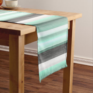 Grey Pastel Mint Green Watercolor Stripes Pattern Medium Table Runner