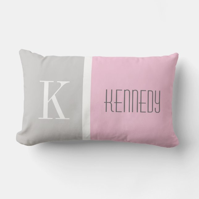 Grey Pastel Pink Colour Block Monogram Name Lumbar Cushion (Front)