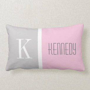 Grey Pastel Pink Colour Block Monogram Name Lumbar Cushion