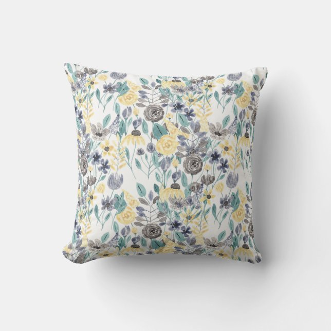 Grey Pastel Yellow Floral Watercolor Pattern Outdo Cushion (Front)