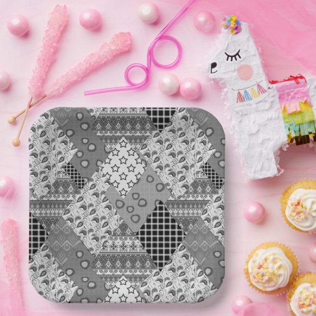 Grey Patchwork Patchwork Pattern  Paper Plate (Party)