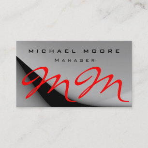 Grey Pattern Red Monogram Business Card