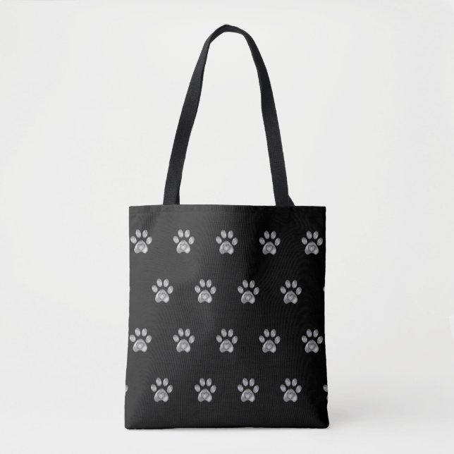 Grey Paw Pattern on Black Tote Bag (Front)