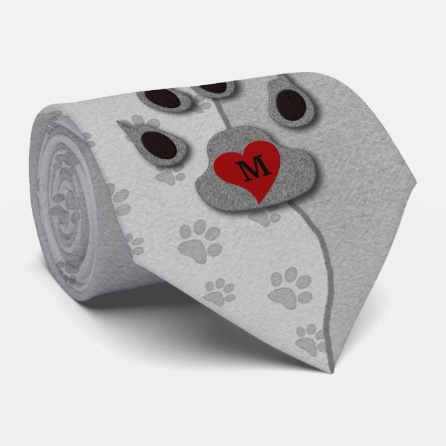 Grey Paw Print Dog Lover Monogrammed Tie (Rolled)