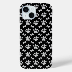 Grey Paws And Bones Pattern on Black iPhone 15 Case