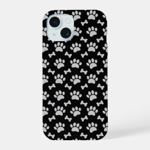 Grey Paws And Bones Pattern on Black iPhone 15 Case