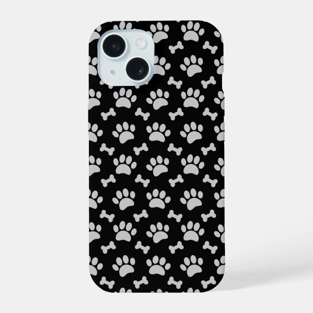 Grey Paws And Bones Pattern on Black iPhone 15 Case (Back)