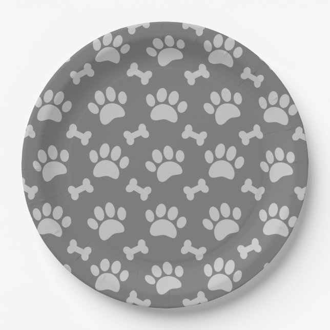 Grey Paws And Bones Pattern Paper Plate (Front)