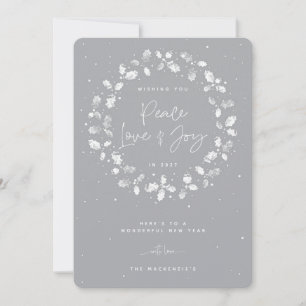Grey Peace Love + Joy Hand Printed Holly Wreath Holiday Card